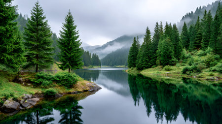 Calm lake reflecting green pine forest and misty mountains under a cloudy skyの素材