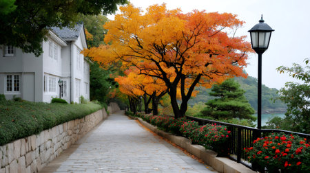 Cobblestone path passing a white building and colorful autumn trees beside the seaの素材