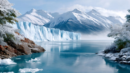 Glacier wall and mountains reflecting in the lake, creating a cold winter landscapeの素材