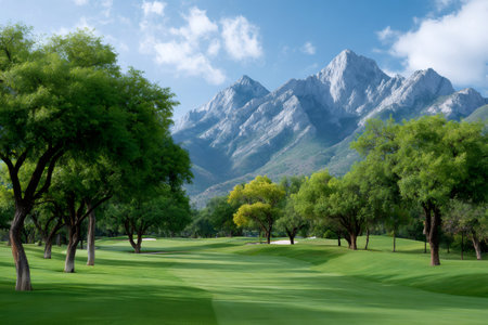 Lush green golf course fairway with trees, set against a backdrop of imposing mountains under a blue skyの素材
