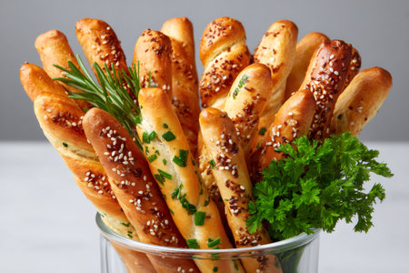 Freshly baked breadsticks and grissini with sesame, chives, rosemary, and parsleyの素材