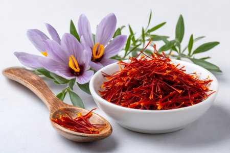 Saffron stamen threads in a bowl with a wooden spoon and purple crocus flowersの素材