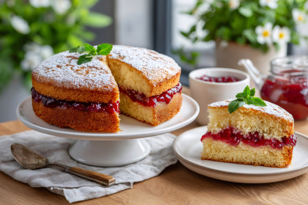 Victoria sponge cake with raspberry jam and powdered sugar, serving a slice on a plateの素材