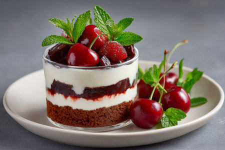 Delicious layered dessert glass with chocolate cake, cream, and cherries, garnished with mintの素材