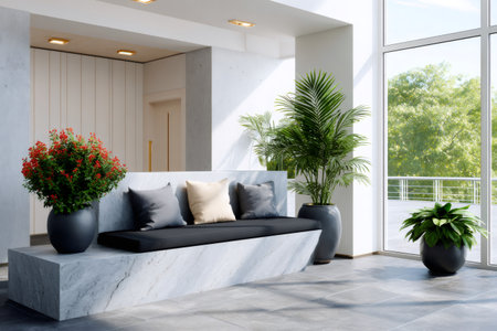 Modern foyer features a minimalist marble bench with cushions, potted plants, and natural lightの素材