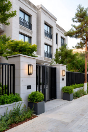 Modern luxury residential building exterior features a sleek gate, stone facade, and landscaped gardenの素材