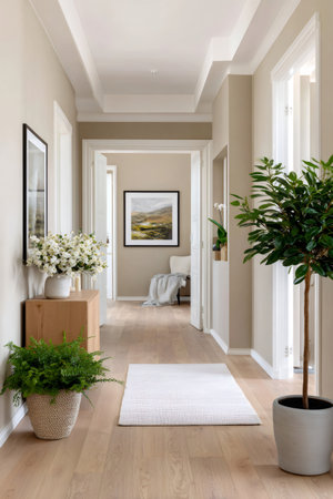 Modern long hallway illuminating with natural light, featuring elegant plants and light wood flooringの素材