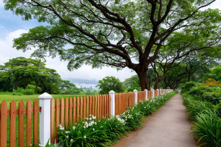 Long park path winding under green trees with a wooden fence and flowering plantsの素材