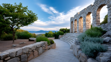 Historic stone archway and amphitheater leading to a scenic Lake Tahoe view under a cloudy skyの素材