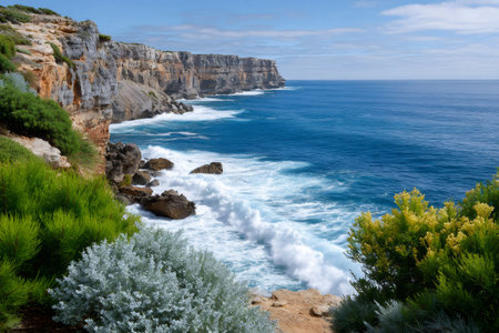 Waves crashing against rocky cliffs and lush green vegetation on the coast of Portugalの素材