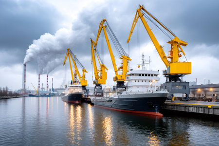 Harbor with industrial shipping cranes loading vessels and smoking factories in backgroundの素材