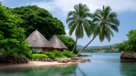 Two traditional huts on a sandy beach next to clear blue water and lush green treesの素材