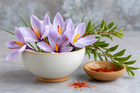 Fresh crocus flowers in a bowl with dried threads and green leaves on a gray backgroundの素材