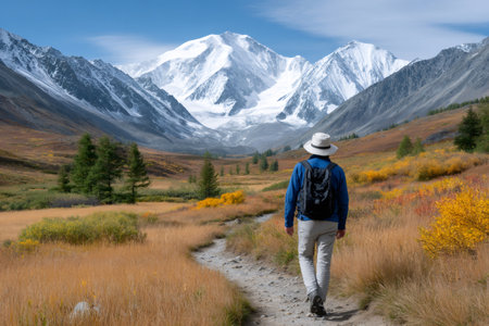 Hiker walking through a colorful autumn mountain valley with snow-capped peaks in the backgroundの素材