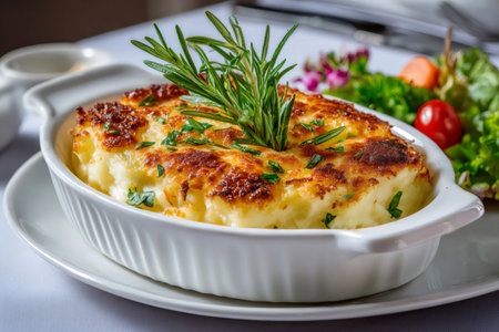 Dish of traditional shepherd's pie with crispy mashed potato topping and fresh rosemaryの素材