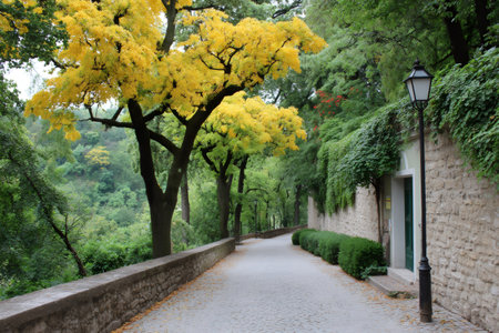 Cobblestone walkway winding through a park with a vibrant yellow tree and old stone wallの素材