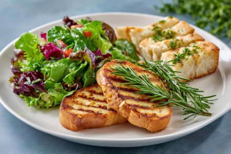 Plating grilled bread, mixed green salad, and fresh rosemary on a white plateの素材