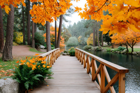 Wooden bridge extending over a calm lake, surrounded by vibrant fall foliage in a parkの素材