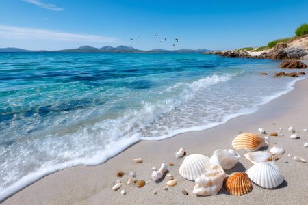 Seashells on white sand beach with clear blue ocean water and gentle wavesの素材