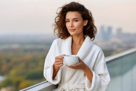 Woman in bathrobe enjoying morning coffee on an urban balconyの素材