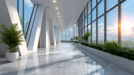 Modern office interior with large windows, bright sunlight, and green plantsの素材