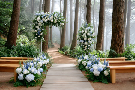 Forest wedding venue aisle decorated with blue and white flowers for a romantic outdoor ceremonyの素材