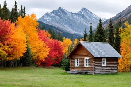 Log cabin standing in a meadow with autumn trees and mountains in national parkの素材