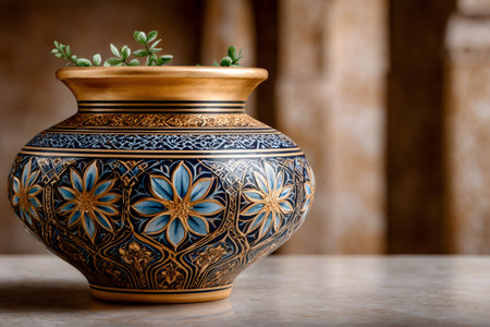 Ornate ceramic vase displaying blue and gold floral patterns with a plantの素材