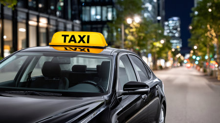 Black taxi car on an urban street with blurred city lights at nightの素材