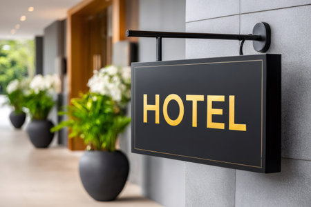 Hotel sign hanging on a modern building exterior with potted plants along the hallwayの素材