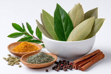 Bay leaves, curry, dried mint, peppercorns, cardamom, and cinnamon sticks presenting culinary ingredientsの素材