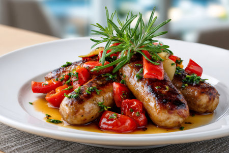 Grilled sausage links served with a medley of peppers, tomatoes, and rosemaryの素材
