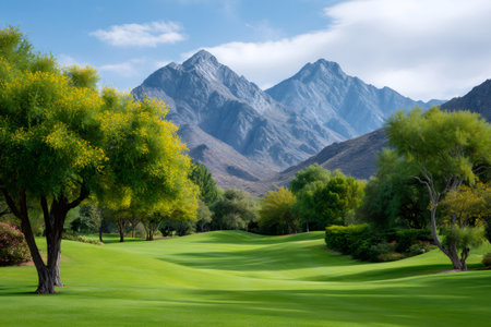 Golf course showcasing verdant fairways, lush trees, and majestic mountains under a blue skyの素材
