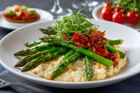 Creamy risotto topped with fresh green asparagus, sun-dried tomatoes, and herbsの素材