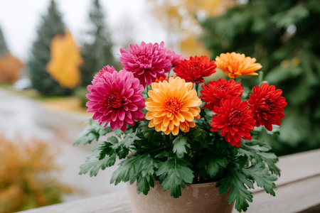 Potted colorful chrysanthemum flowers blooming outdoors during the autumn seasonの素材