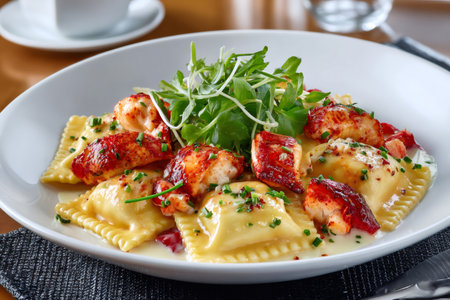 Gourmet lobster ravioli plate served with a creamy sauce, fresh arugula, and chivesの素材