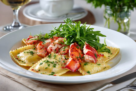 Plate of gourmet lobster ravioli topped with fresh arugula and a creamy sauceの素材