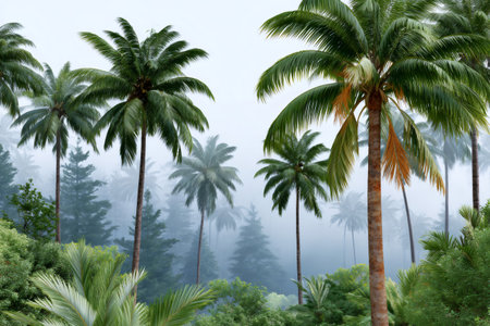 Palm trees stand tall in a lush tropical forest covered in mistの素材
