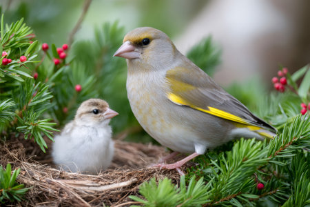 Greenfinch adult bird standing beside a small chick in a nest among green foliage and red berriesの素材