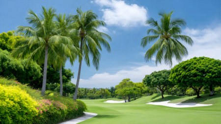 Green golf course landscape under a sunny blue sky with lush trees and palm treesの素材