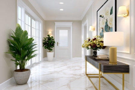 Hallway interior presenting a stylish console table, green plants, and marble flooringの素材