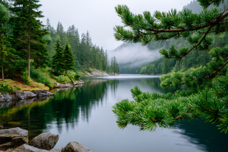 Pine tree branches framing a tranquil mountain lake with forested hills and fogの素材