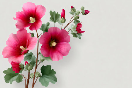 Pink hollyhock flowers and buds bloom on a stem with green leaves, isolated on whiteの素材