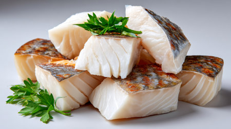 Raw cod fish pieces with parsley on a white background, preparing healthy seafoodの素材