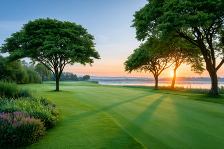 Golf course green with trees along a lake shore catching the golden sunriseの素材