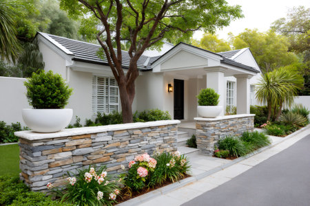 Residential house exterior featuring a front yard with stone wall, lush plants, and a welcoming entranceの素材