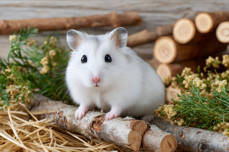 Hamster sitting on a wooden branch with hay and plants, looking directly at the cameraの素材