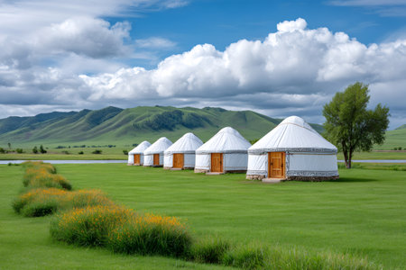 White yurts standing in a row on a green steppe with mountains and a river in the distanceの素材