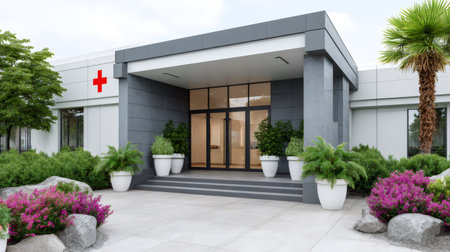 Modern hospital building displaying a red cross symbol above its main entrance, surrounded by lush landscapingの素材