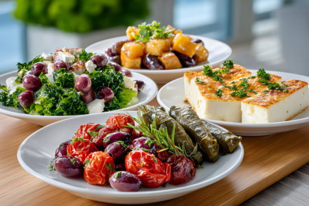 Assortment of Greek appetizers including salad, feta, olives, dolmades, and roasted tomatoesの素材